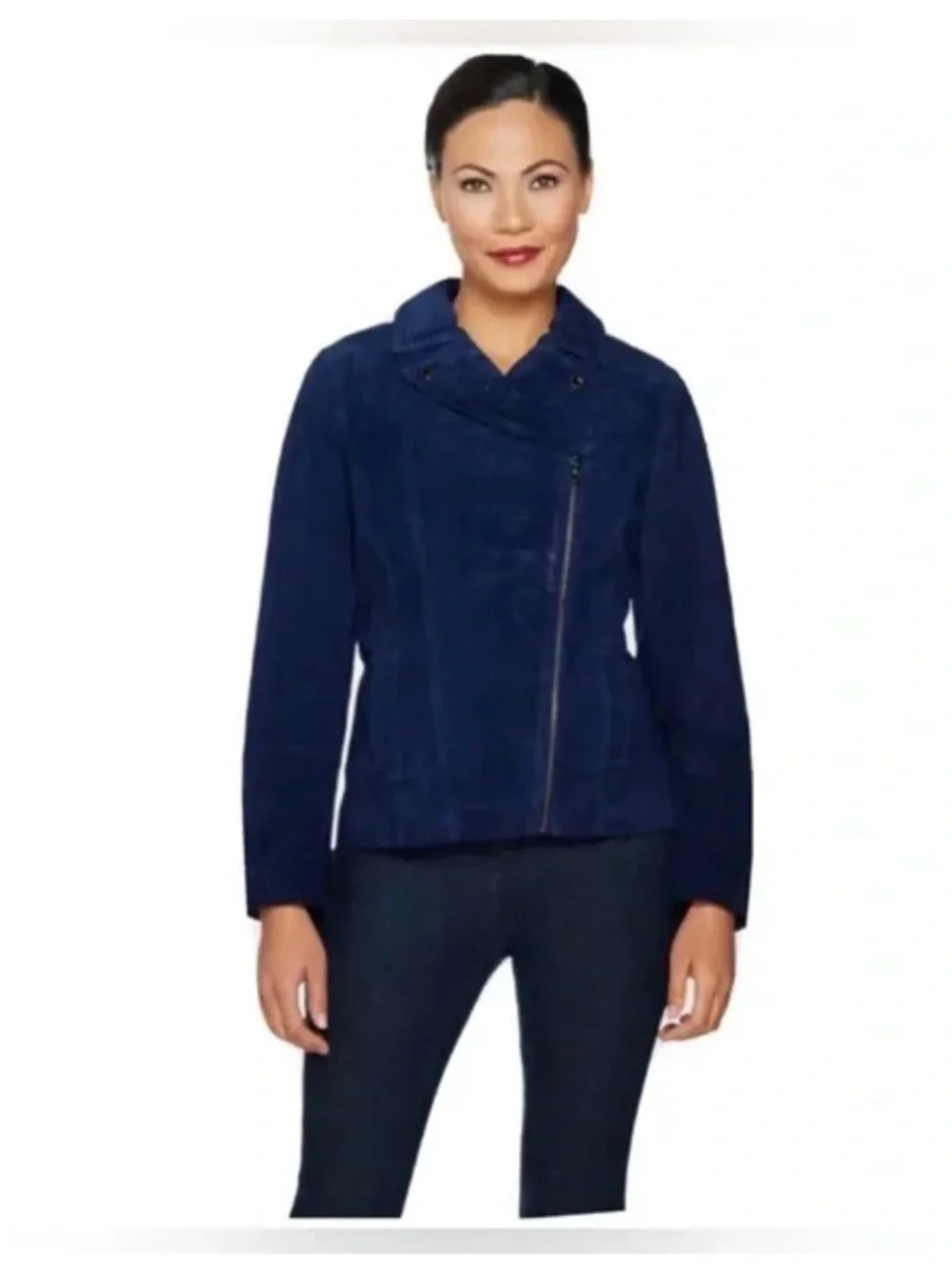 Isaac Mizrahi Navy Suede Leather Floral Lined Moto Jacket Silver Accents NWT - Picture 3 of 11